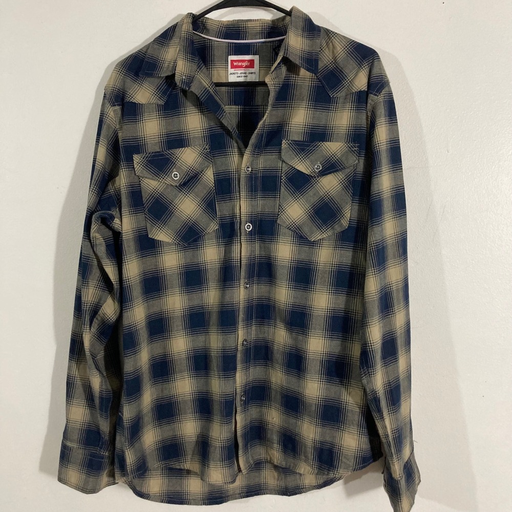 Wrangler Western Shirt Women Medium Navy Tan Pearl Snap Plaid JSP1AWT